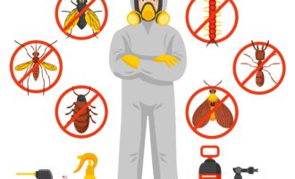 Pest control service vector illustration with exterminator of insects in chemical protective suit termites and disinfection cans flat icons